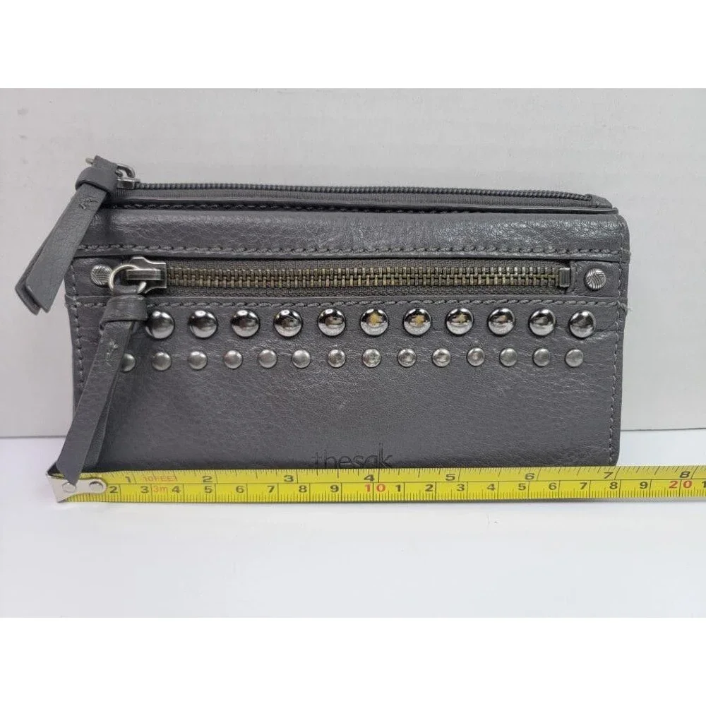 The Sak Gray Leather Studded Wallet Womens Zip Around Bifold Clutch Organizer